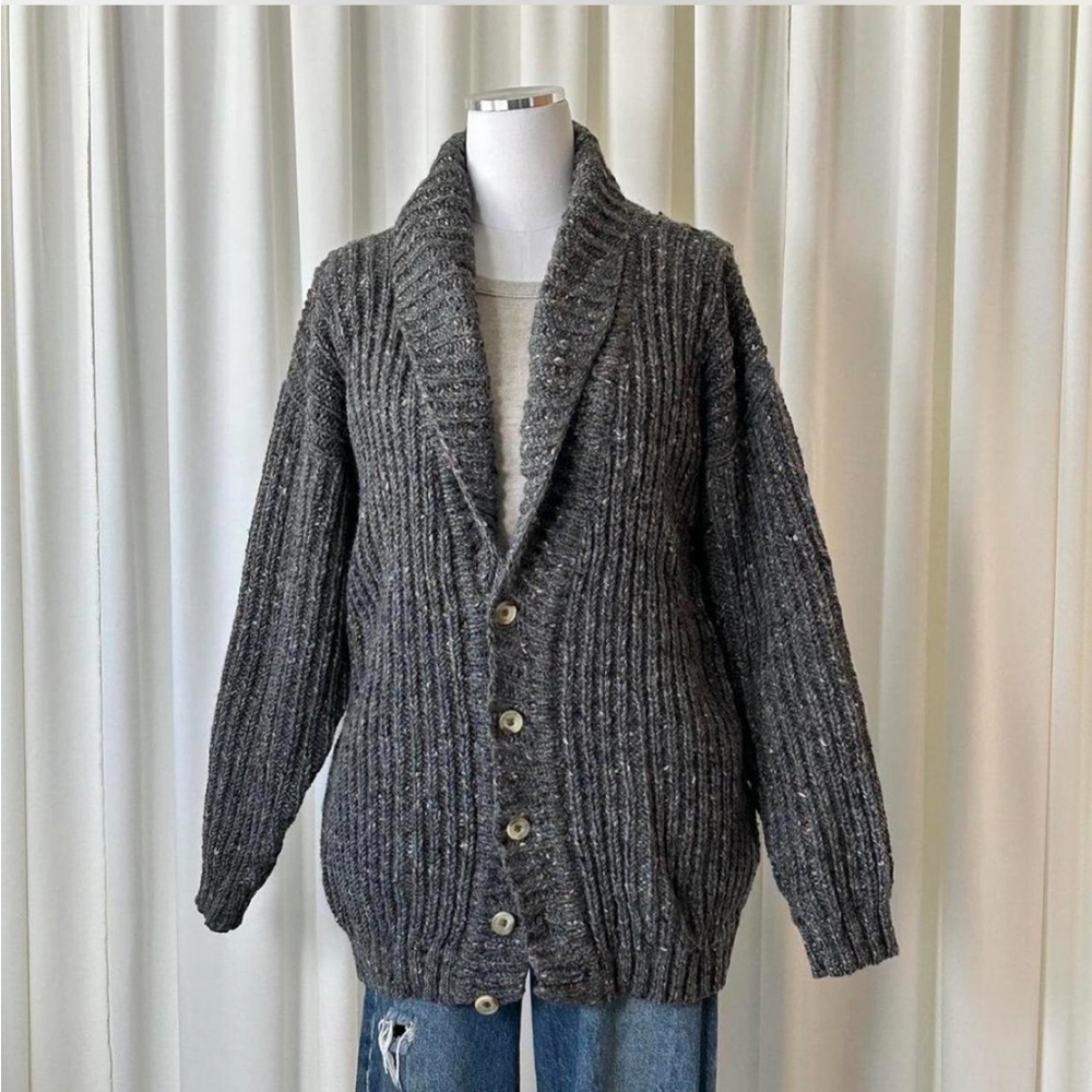 VTG 1990s Lands’ End 100% Wool Chunky Ribbed Knit Grey Speckled Grandpa Sweater